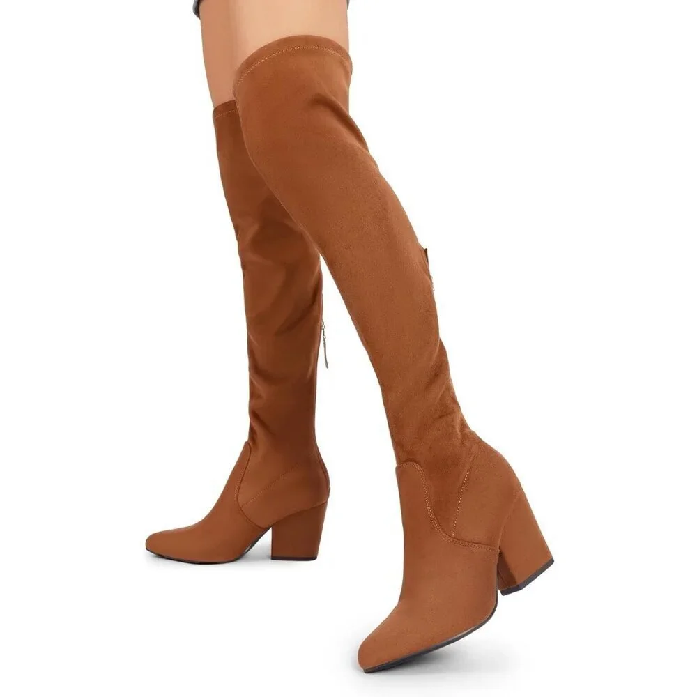 Women's Brown Pointed Toe Thigh High Chunky Blocked Heel Over The Knee Boots